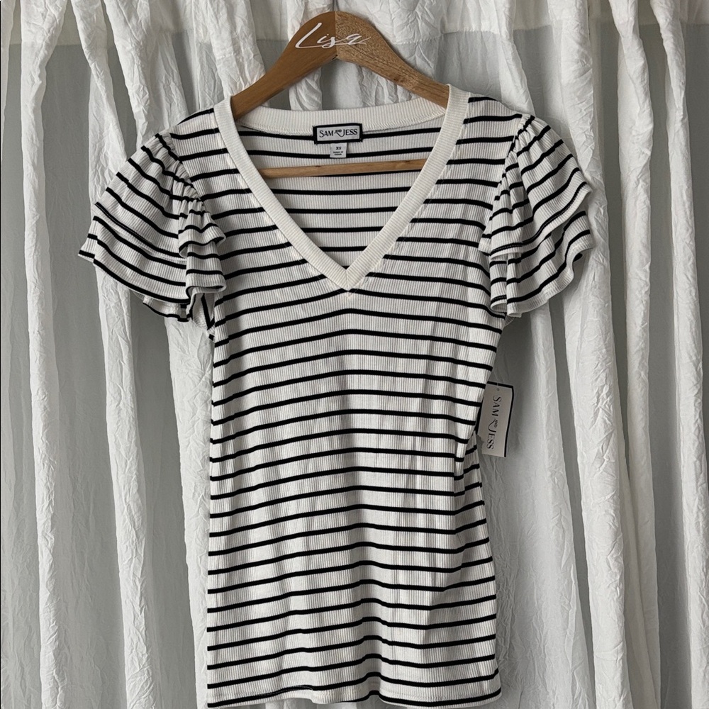 NWT Sam & Lavi Black and White Striped Ruffle Sleeve Top